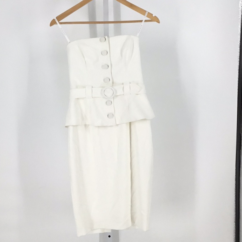 Black Halo White Strapless Peplum Midi Dress with Round-Buckle Belt